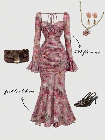 SHEIN MOD Pink Butterfly And Floral Print Asymmetric Flared Dress With Ruffle Sleeves – Fitted Silhouette, Vintage Baroque Style With Oil Painting Pattern, Date, Party, Y2K, Festive, Birthday & Prom Wear,Winter Clothes ,Christmas Outfit,New Year Outfit,Thanksgiving Outfit For Women,Graduation Dress