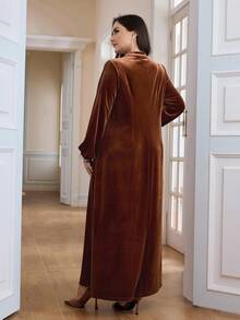 Al Najma Plus Size Women Elegant Vintage Ribbon Decor Arabic Style Velvet  Dress Dress Modest Winter/Fall - Coffee Brown - View 2