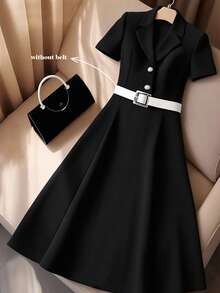 GlowEve CURVE 大码优雅通勤连衣裙，竹纤维面料，正面金属搭扣和珍珠蘑菇纽扣，中长款 - 黑色 - 查看 1