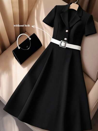 GlowEve CURVE 大码优雅通勤连衣裙，竹纤维面料，正面金属搭扣和珍珠蘑菇纽扣，中长款