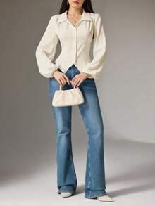 Heiryn Women's Solid Color Lantern Sleeve Single-Breasted Shirt With Waist Tie Long Sleeve Blouse Cream Blouse Cinched Waist Top - Apricot - View 5