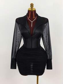 Amplova Vestido sexy plus size feminino com gola, detalhes em tule, mangas compridas e franzidos. - Preto - Ver 3