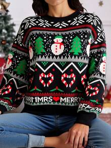 Suéter con patrón navideño para mujer, muñecos de nieve, pinos, copos de nieve ,tejido de punto, manga larga cuello redondo, caliente, festivo, cómodo, invierno, ugly suéter. - Negro - Ver 1