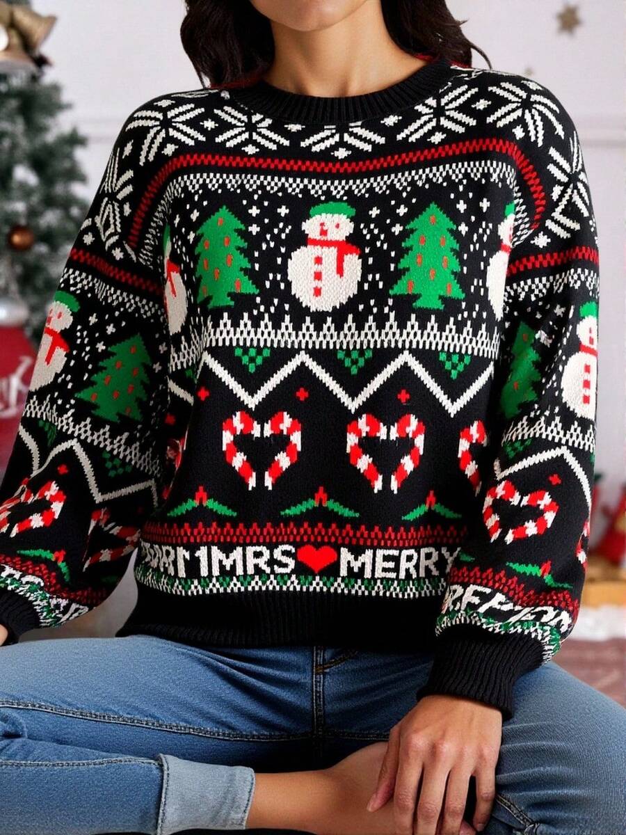 Suéter con patrón navideño para mujer, muñecos de nieve, pinos, copos de nieve ,tejido de punto, manga larga cuello redondo, caliente, festivo, cómodo, invierno, ugly suéter. - Negro - Ver 1
