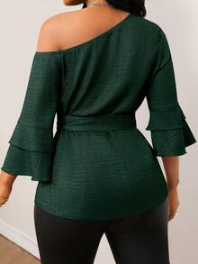 Lunelith SHEIN Lunessa 牛仔效果不对称领荷叶边袖系带衬衫 - 墨綠色 - 查看 2