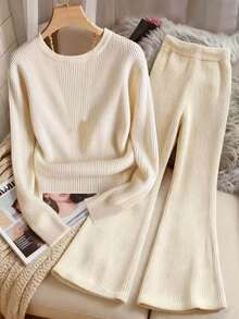 Franclia 女士纯色圆领长袖罗纹上衣和喇叭裤休闲两件套 - 杏色 - 查看 2