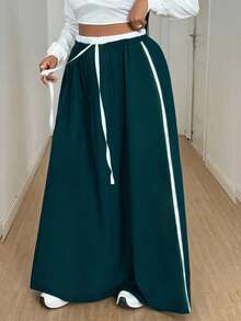 Maweii 大码女式撞色拼接侧边系带蝴蝶结松紧腰裤，时尚设计，适合派对、日常穿着，百搭，秋冬季款 - 彩色 - 查看 4