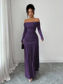 Elenzga Women's Vintage Elegant Off Shoulder Fitted Bodycon Long Sleeve Knit Dress, Autumn/Winter, Halloween - Purple - View 3