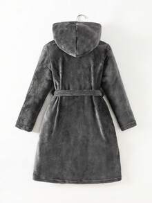 Tween BoySolid Gray Plush Thick Minimalist Style Solid Color Long Sleeve Hooded Tie Waist Robe Loungewear - Dark Grey - View 2