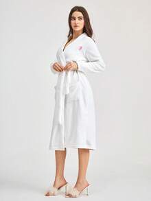 Bonmuse 1 buah Jubah Wanita Flanel Warna Polos Elegan Leher V Lengan Panjang Berpinggang, Musim Gugur/Musim Dingin, Untuk Musim Gugur Musim Dingin, Lembut untuk Musim Panas - Putih - View 4