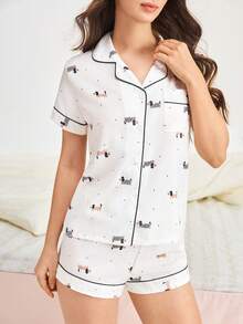 Bonmuse 2pcs/Set Print Women Pajama Set, Lightweight Bubble Crepe Short Sleeve Collared Cardigan Top And Loose Shorts, Casual Sleepwear And Loungewear Set, Suitable For All Seasonsfor Summer - White - View 7