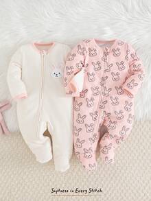 Cozy Pixies 新生女宝宝卡通兔子图案针织柔软圆领长袖连体衣及脚套两件套 - 粉色 - 查看 1