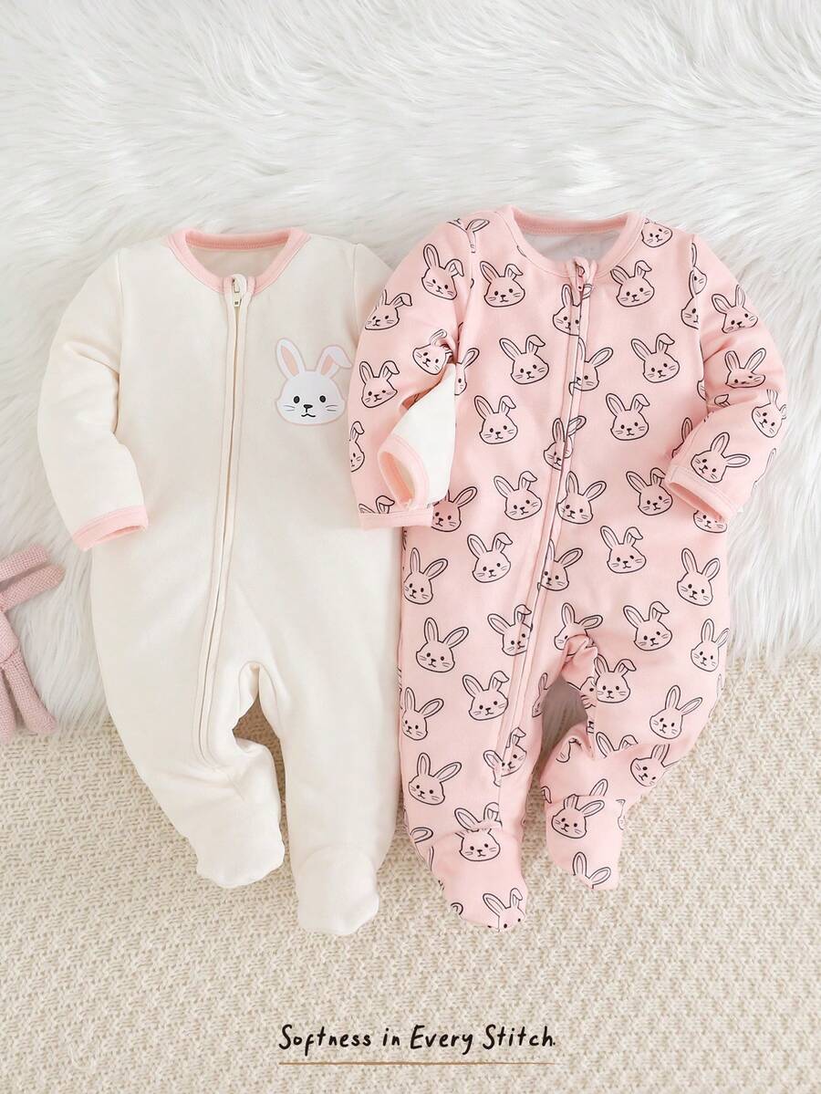 Cozy Pixies 新生女宝宝卡通兔子图案针织柔软圆领长袖连体衣及脚套两件套 - 粉色 - 查看 1