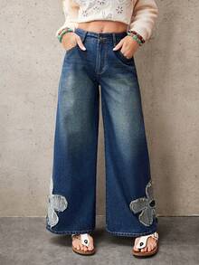 EMERY ROSE 女士休闲花卉贴花阔腿牛仔裤 - 藍色 - 查看 5