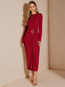 Amorya Vestido largo de mujer de cuello redondo, manga larga, con decoración de botones metálicos, adecuado para el uso diario y múltiples ocasiones, otoño - Rojo - Ver 6