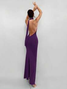 Aloruh Women's Solid Red Backless Halter Dress, Suitable For Date, Christmas Party, Evening Event - Purple - View 1