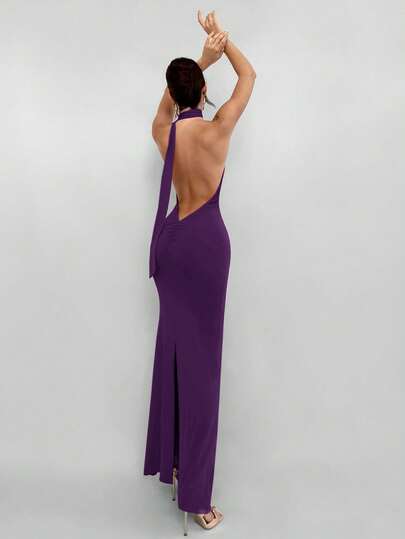 Aloruh Vestido rojo sólido sin espalda con cuello halter para mujer, adecuado para citas, fiestas de Navidad y eventos de noche