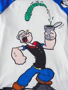 Popeye X SHEIN Bộ đồ ngủ quần dài rộng rãi thoải mái cho bé trai tuổi teen mặc áo thun tay ngắn họa tiết hoạt hình màu xanh - Xanh và trắng - Xem 6