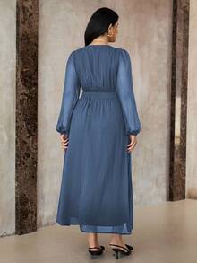 Roveilla Váy voan phong cách Trung Đông cổ điển thanh lịch cỡ lớn dành cho nữ, chất liệu vải xếp ly, nhún bèo, xoắn eo, dáng chữ A, tay dài, thích hợp cho tiệc trà chiều, tiệc tùng, xuân/thu/đông - Màu xanh bụi bặm - Xem 2