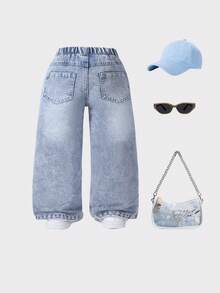 Young Girls Y2K Style New Fashion White Heart Embroidered Vintage Light Blue Loose Straight Leg Jeans, Soft & Comfortable Fabric, Casual Daily Versatile, Baby & Toddler Denim