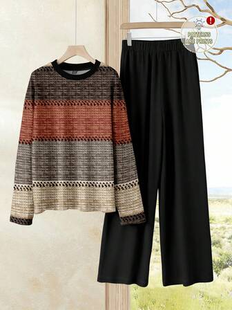 EMERY ROSE 女性用カジュアルニットセット2点、クルーネック ドロップショルダー 長袖、快適で多用途、冬の着用に適しています