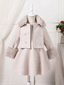 SHEIN Young Girl Long Sleeve Jacket With Fur Collar And Skirt Set, Autumn/Winter