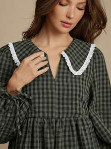 WESTFADE Gingham & Eyelet Collared V Neck Tie Sleeve Babydoll Mini Dress Cute Fall Clothes For Women Country Concert Outfit - Olive Green - View 5