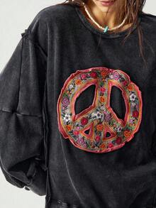 Bohemela 大码休闲水洗花卉刺绣贴花运动衫