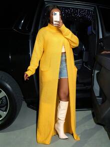 Slaydiva 秋冬新款音乐节、复活节、西部风、游牧风、生日派对、日常休闲、度假、邮轮旅行、海滩、日光浴、爆款、街头风、朋克风、夜店风，亮黄色长袖高领闪亮宽松大码开衫，时尚女装 - 黃色 - 查看 8