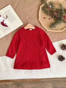 SHEIN Robe en tricot de couleur unie décontractée pour nouveau-né, automne/hiver - Rouge - Voir 4