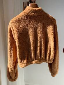 SHEIN EZwear 抓绒贴花高领半拉链口袋休闲长袖毛绒套头短款卫衣 - 駝色 - 查看 2