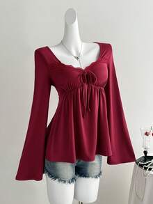 Sweetra 女士复古优雅V领扭结设计长袖T恤，百搭杏色，秋冬款 - 酒紅色 - 查看 8