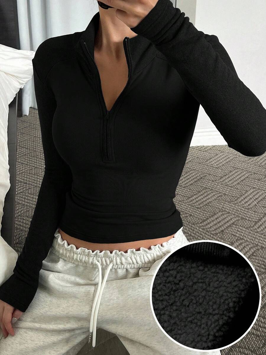 DAZY Damen Stehkragen Halb-Reißverschluss Kontrast Farbige Figurbetonte Lässig Pullover Sweatshirt