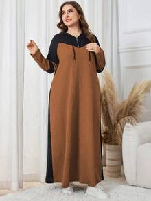 Lacomfia 大码休闲针织提花拼色连帽长袖宽松中长连衣裙，春秋季 - 彩色 - 查看 5