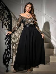 SHEIN Clasi Plus Size Women Floral Patchwork Sequin Mesh Off-Shoulder Long Sleeve Elegant Dress