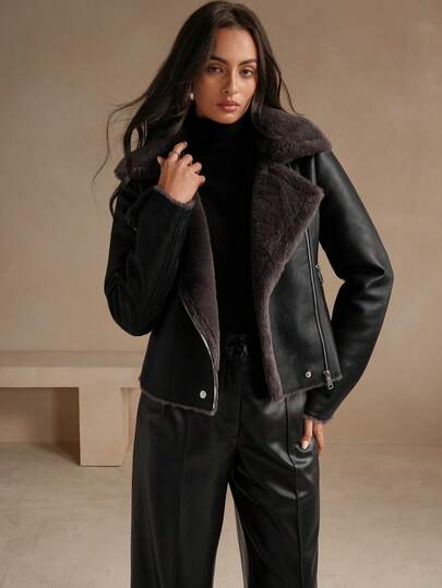 Anewsta Women's Black PU Leather Composite Faux Rabbit Fur Collar Jacket