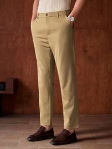 Officeau 男士经典商务西裤，纯色弹力西装裤，直筒休闲复古男士正装裤 - 卡其色 - 查看 5