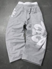 PAVTROS Men's Letter Print Drawstring Waist Loose Fit Casual Sweatpants Sweatpants Grey Stacked Sweat Pants