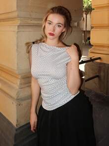 Turnttoni Women Polka Dot Asymmetric Ruched Tight Fitting Waisted Top With Slanted Shoulder Sleeve, Elegant Casual Versatile Summer Wear, Suitable For Petite - Black and White - View 1
