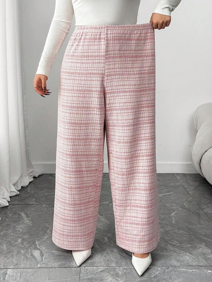 SHEIN Elenzya 女士时尚宽松高腰阔腿格子裤 - 淺粉色 - 查看 1