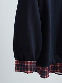 Franclia Retro Casual Autumn And Winter Plaid Patchwork Faux Two-Piece POLO Collar Loose Slimming Navy Blue Winter Women's Clothing Thick Sweatshirt Christmas Pullover Women's Thanksgiving Sweatshirt Women's Winter Sweatshirt Women's Sweatshirt