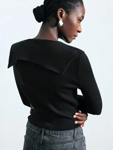 Maija Women's Solid Color Button Design Ruffle Hem Long Sleeve Cropped Sweater Fitted Tops Black Tops Ruffle Tops,Business Casual In Fall/Winter