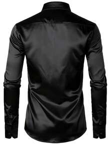 Manfinity Mode 男士纹理设计休闲商务长袖衬衫，丝绸缎面男士衬衫，奢华衬衫，黑色正装衬衫，适合老钱人士、日常休闲、周末旅行、户外活动、探险旅行、轻松的工作环境或半正式场合，也是送给男友/丈夫、周年纪念日或圣诞节的理想礼物。 - 黑色 - 查看 6