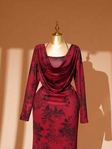 Rometta فستان ماكسي مطبوع بالأزهار مع حمالات طويلة مناسب للمقاسات الكبيرة، ذو رقبة مربعة وشق في الخلف، فستان حرير الحليب مطبوع بالأزهار للنساء، فستان أنيق بأكمام طويلة مطبوع بالأزهار مناسب للسهرات، تصميم رقبة مربعة، مناسب للربيع والخريف، المناسبات اليومية، التجمعات، العطلات، بتصميم أنيق وأنثوي