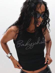 BABYPHAT Ärmelloses Sommer-Modeshirt mit Strass-Verzierung und Schrift-Grafik-Design