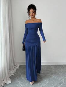 Elenzga 女式复古优雅露肩修身长袖针织连衣裙，秋冬装，万圣节 - 寶藍色 - 查看 3