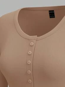 SHEIN EZwear Áo thun nữ tay dài dệt kim ba màu, kiểu dáng thường ngày, đa năng, màu trung tính, bộ 3 áo, áo tay dài nữ, áo màu đất, áo ôm dáng. - màu nâu - Xem 4