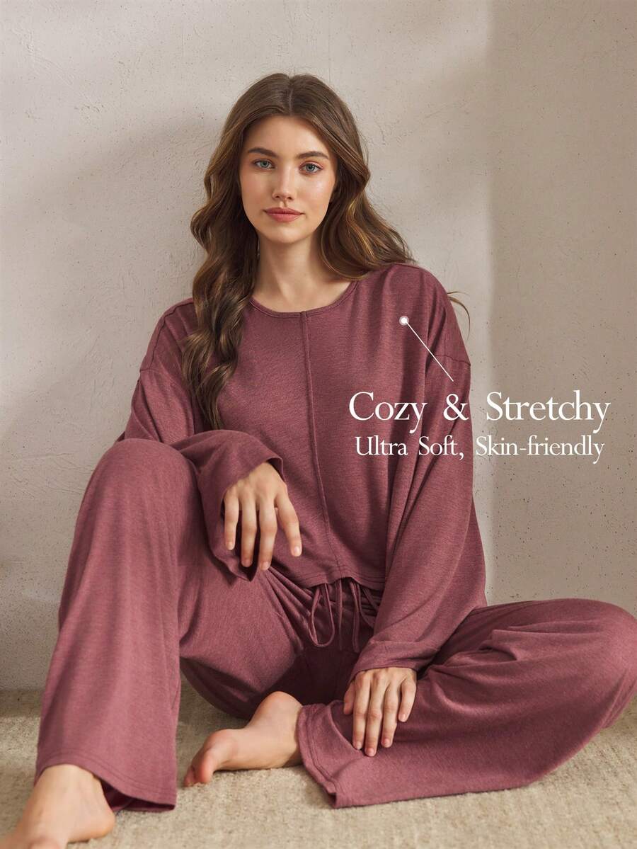 Ocili 2pcs Comfortable Soft Bamboo Knit Round Neck Long Sleeve Top And Pants Women Lounge Set, Summer Sleep Wear Women Loose Lounge Sets For Women Round Neck, Winter Clothes - Burgundy - View 1