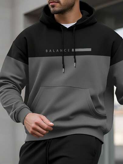 Manfinity Men's Letter Print Contrast Color Pocket Drawstring Sweatshirt, Long Sleeve Top