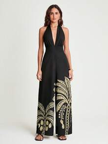 CAJUNI x Carol Peixinho 性感露背吊带椰树印花连体裤，度假 - 黑色 - 查看 4